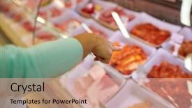  Presentation with meat consumption - Cool new PPT theme with customer hand pointing at meat backdrop and a coral colored foreground