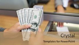  Presentation with hands saving - PPT theme featuring customer hands with cash money background and a coral colored foreground
