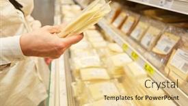  Presentation with cheese - Theme enhanced with customer-holding-pack-of-cheese background and a blonde colored foreground
