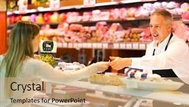 Presentation with grocery store - Amazing presentation design having customer in a grocery store backdrop and a coral colored foreground