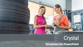  Presentation with female mechanic - Beautiful presentation design featuring customer in an automobile backdrop and a gray colored foreground
