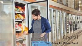  Presentation with supermarket refrigerator - Beautiful theme featuring customer-in-the-supermarket backdrop and a coral colored foreground