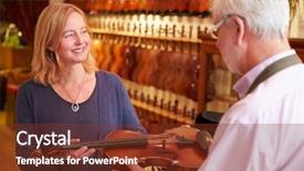  Presentation with repair shop - Amazing PPT theme having customer leaving violin for repair in shop backdrop and a tawny brown colored foreground