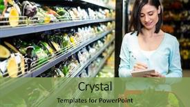  Presentation with woman pushing shopping trolley - PPT theme featuring listing - portrait of a smiling woman background and a seafoam green colored foreground