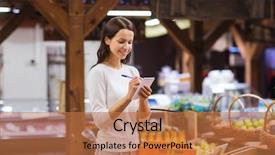  Presentation with market food - Beautiful presentation theme featuring happy young woman with food backdrop and a coral colored foreground