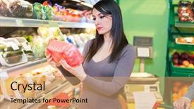  Presentation with grocery store - Presentation theme enhanced with customer looking at a product background and a coral colored foreground