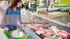  Presentation with product - PPT theme with customer looking for a product at the meat counter background and a coral colored foreground