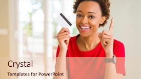  Presentation with african american woman question - Cool new slide set with customer mind - young african american woman holding backdrop and a lemonade colored foreground