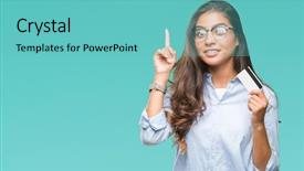  Presentation with credit card - Beautiful theme featuring customer mind - young arab woman holding credit backdrop and a  colored foreground