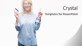  Presentation with business card - Slide deck with customer mind - young beautiful blonde business woman background and a white colored foreground