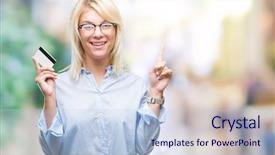  Presentation with business card - Audience pleasing presentation theme consisting of customer mind - young beautiful blonde business woman backdrop and a light blue colored foreground