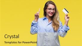  Presentation with blonde holds a magnifying glass - PPT layouts with customer mind - young beautiful blonde woman holding background and a yellow colored foreground