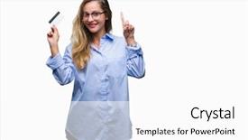  Presentation with credit card - PPT theme featuring customer mind - young beautiful blonde woman holding background and a white colored foreground