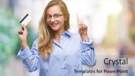  Presentation with credit card - Audience pleasing PPT theme consisting of customer mind - young beautiful blonde woman holding backdrop and a light blue colored foreground
