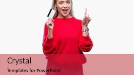  Presentation with blonde holding magnifying glass - Cool new PPT layouts with customer mind - young blonde woman holding credit backdrop and a  colored foreground