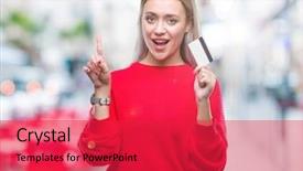  Presentation with credit card - Colorful theme enhanced with customer mind - young blonde woman holding credit backdrop and a  colored foreground
