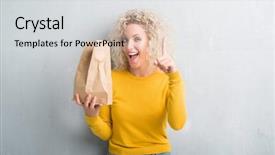  Presentation with paper bag - Presentation featuring customer mind - young blonde woman over grunge background and a  colored foreground