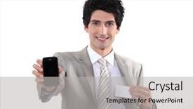  Presentation with business card - Cool new PPT theme with customer name upon greeting - businessman showing phone and business backdrop and a light gray colored foreground