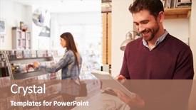  Presentation with man relaxing on massage table - PPT layouts enhanced with retail network - man using digital tablet behind background and a coral colored foreground