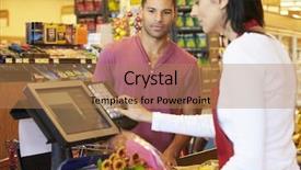  Presentation with supermarket - Beautiful PPT theme featuring customer paying for shopping backdrop and a coral colored foreground