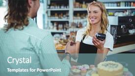  Presentation with health care customer service - Presentation design featuring customer paying with credit card background and a seafoam green colored foreground