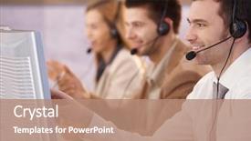  Presentation with call center - Slides with customer profile - young people working in call background and a coral colored foreground