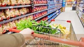  Presentation with supermarket - Amazing slide set having customer-pushes-cart-with-food backdrop and a coral colored foreground