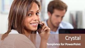  Presentation with home - Beautiful presentation theme featuring customer relations - couple at home with laptop backdrop and a coral colored foreground