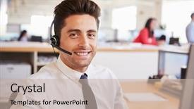  Presentation with centre d appel - Slide deck with customer relations - hispanic male call centre worker background and a soft green colored foreground