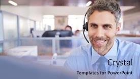  Presentation with centre d appel - PPT theme with customer relations - white male call centre worker background and a light blue colored foreground