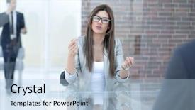  Presentation with bank - Cool new PPT theme with customer relations management - business woman talking backdrop and a  colored foreground