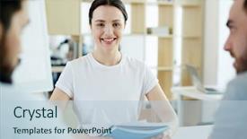  Presentation with office management - Presentation design consisting of customer relations management - portrait of smiling young woman background and a lemonade colored foreground