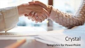  Presentation with shaking hands - Slides having customer relations management - shaking hands on deal background and a light gray colored foreground