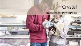  Presentation with product - Beautiful presentation design featuring customer relationship quarters - young couple discussing over product backdrop and a lemonade colored foreground