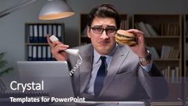  Presentation with burger - PPT layouts with customer return - businessman late at night eating background and a  colored foreground
