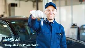  Presentation with mechanic - Amazing slide deck having customer return - smiling mechanic returning the keys backdrop and a ocean colored foreground