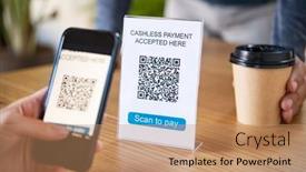  Presentation with cashless - PPT theme consisting of customer-scanning-tag-in-coffee background and a coral colored foreground