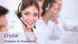 Presentation with call center - Amazing PPT theme having customer service - attractive positive young businesspeople backdrop and a sky blue colored foreground