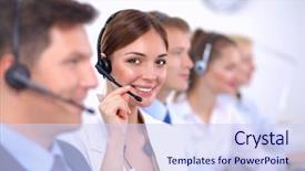  Presentation with call center - Audience pleasing PPT layouts consisting of customer service - attractive smiling positive young businesspeople backdrop and a sky blue colored foreground