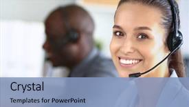  Presentation with computers - Slide set with customer service - business people with headsets using background and a light blue colored foreground