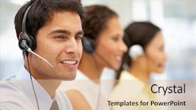  Presentation with customer service - Colorful slide deck enhanced with customer service - businessman wearing headset backdrop and a coral colored foreground