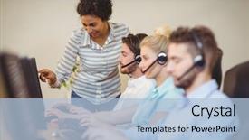  Presentation with call center - Slide set with customer service - businesswoman guiding employee in call background and a light blue colored foreground
