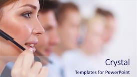  Presentation with call center - Amazing slide set having customer service - businesswoman with headset smiling backdrop and a sky blue colored foreground