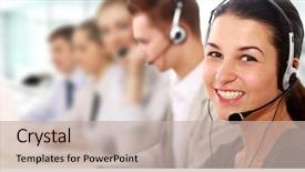  Presentation with call center - Slide set consisting of customer service - businesswoman with headset smiling background and a mint green colored foreground