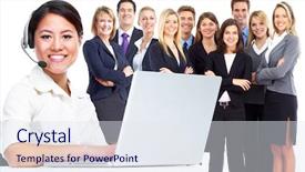  Presentation with call center - Audience pleasing presentation theme consisting of customer service - call center operator business woman backdrop and a sky blue colored foreground