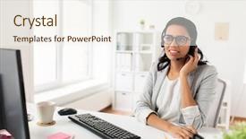  Presentation with people talking - Beautiful PPT layouts featuring customer service - communication business people and technology backdrop and a sky blue colored foreground