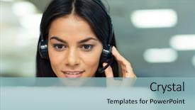  Presentation with headphones - Slide set consisting of customer service - happy businesswoman working on laptop background and a light blue colored foreground