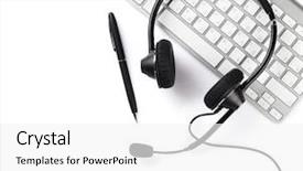  Presentation with call center - Slide deck having customer service - headset pen and keyboard call background and a white colored foreground