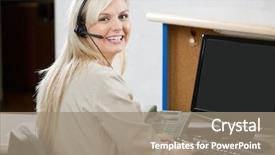  Presentation with customer service - PPT theme having customer service - portrait of cheerful young woman background and a coral colored foreground