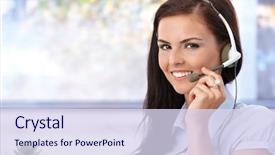  Presentation with customer service - Presentation theme having customer service - portrait of pretty young dispatcher background and a sky blue colored foreground